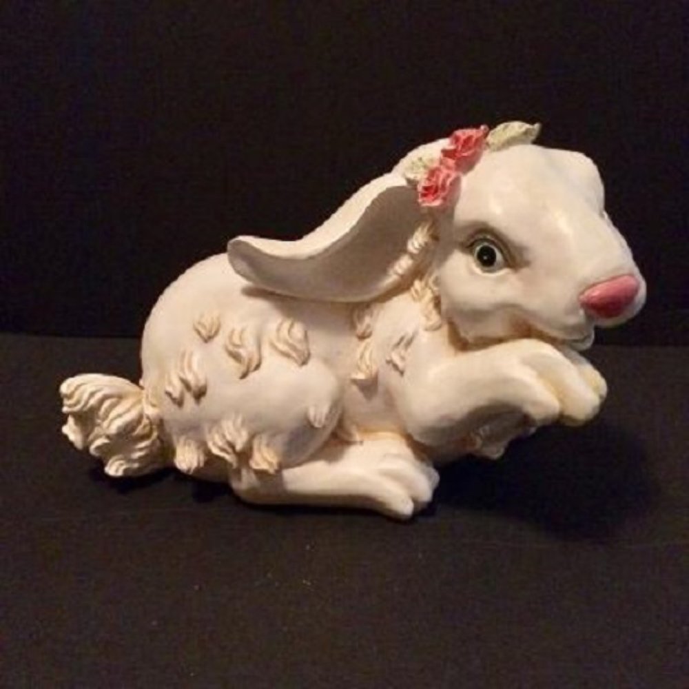 Bunny Statue/Figurine with Pink Roses - Length 9" x Height 6 1/2"